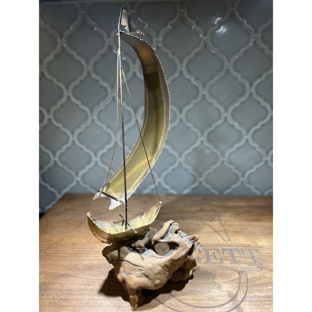 Brass Sail‎ Boat Sculpture 19 Inches High Mounted On A Nice Peice Of Drift Wood